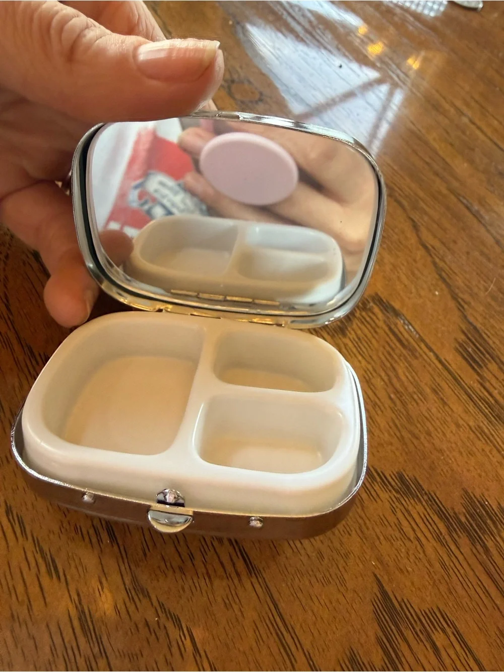 Sparkly Black Resin Travel Pill Case with Mirror & 3 Compartments